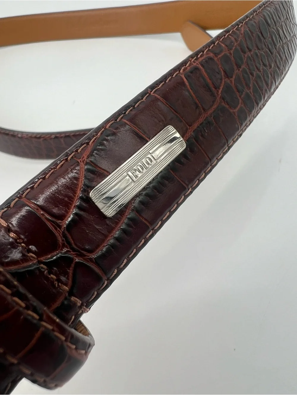 Polo Ralph Lauren Brown Croc-Embossed Genuine Leather Belt Designer Plaque 40